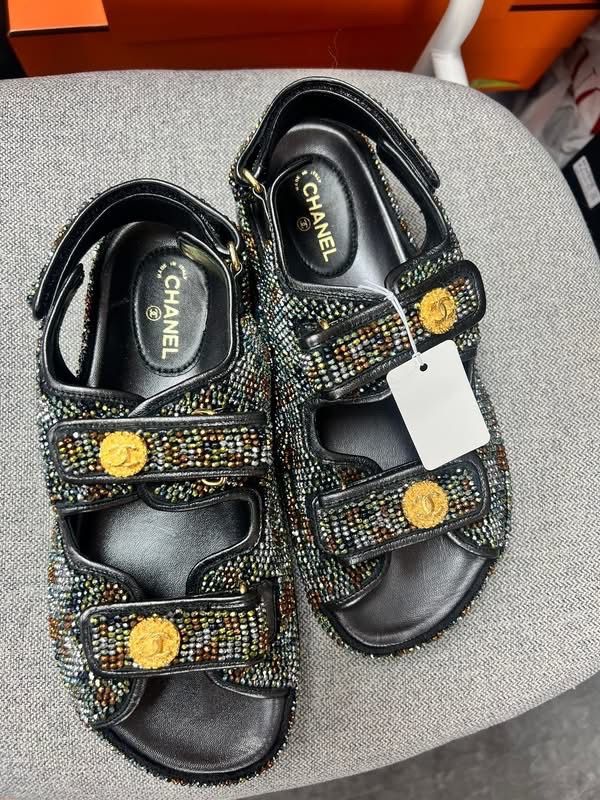 Unused Chanel Embellished Sandals (Category: Sneakers & Footwear) located in Quezon City. Submitted by hellopatchi (Listing ID 1426471879, Image 1). Description: With dust bag included Authentic Chanel sandals featuring a multi-colored embellished design. These sandals have adjustable straps and the iconic Chanel logo on the insole and the straps. The soles are black. The sandals have gold-tone hardware..