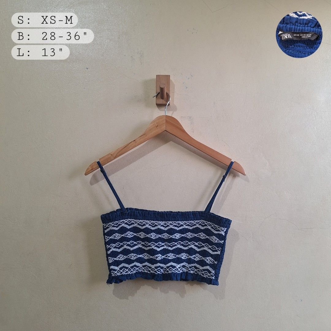 Zara Smocked Embroidered Strappy Top (Category: Sleeveless) located in Bulacan. Submitted by vicpicks (Listing ID 1426522705, Image 1). Description: Zara Smocked Embroidered Camisole Top Size: XS-M Bust: 28-36" Length: 13" Mode of Delivery: J&T Express, Lalamove Mode of Payment: Gcash, BDO.