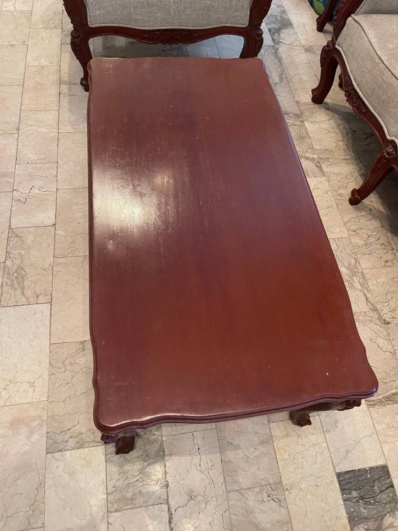 Antique Narra Sofa Set with Coffee Table and Side Table (×2) (Category: Sofas) located in Paranaque City. Submitted by bluegreen689 (Listing ID 1426600630, Image 3). Description: Selling Narra Sala Set (Living Room Set) Vintage Traditional Pure Narra with Fabric upholstery Center Table 2 Side Table (1 is not in the picture) 1 long couch 2 sofas Condition: Good. 8/10. Please see photos. I can provide more photos upon request if you're a sure buyer