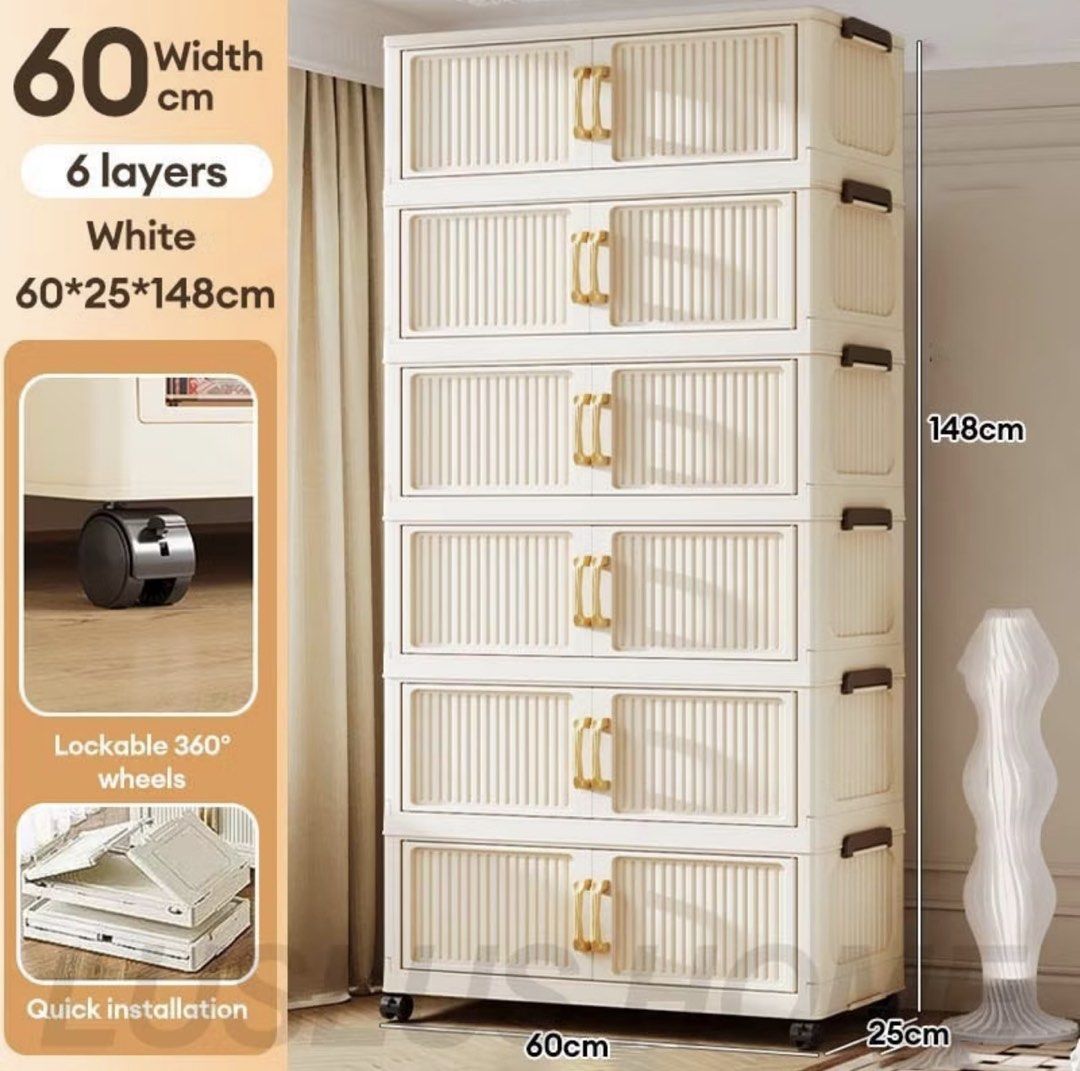 Brand New 6-Layer Storage Cabinet with Wheels (Category: Shelves, Cabinets & Racks) located in Taguig. Submitted by est1996 (Listing ID 1426595198, Image 1). Description: BRAND NEW (NOT ASSEMBLED YET) -heavy duty large plastic wardobe or organizer -off White storage cabinet features 6 layers for ample storage. -It has a width of 60cm, a depth of 25cm, and a height of 148cm. -The cabinet includes lockable 360° wheels for easy movement and quick in