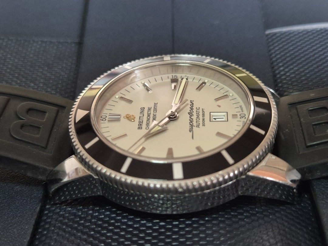 Breitling Heritage Superocean (Category: Luxury Watches) located in Quezon City. Submitted by grandestan (Listing ID 1426689228, Image 1). Description: authentic Breitling Heritage Superocean.Model Reference A17320. automatic chronometer.46mm case diameter. unidirectional bezel.200M water resistant. comes with oem metal ocean racer bracelet and rubber strap. comes with box and papers.