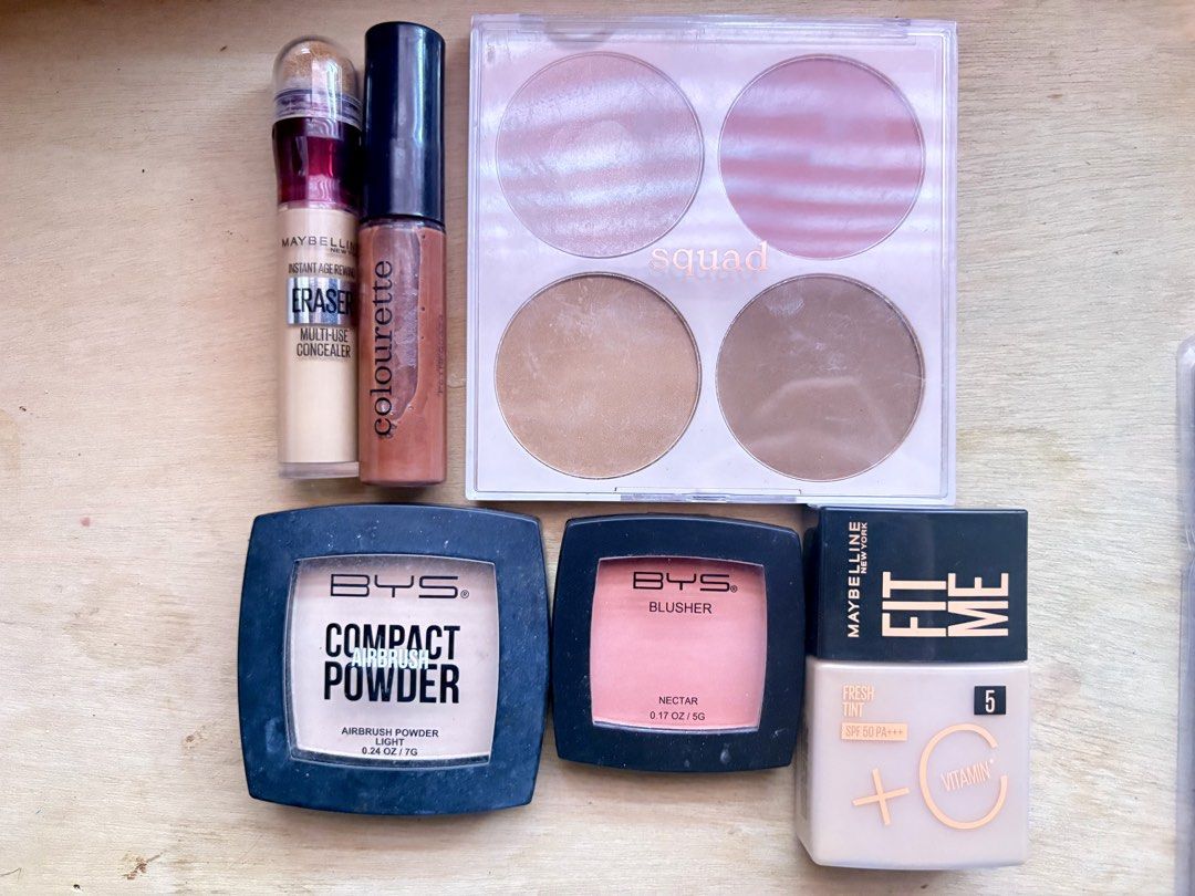 Bundle Make Up (BYS, Maybelline, Squad, Colourette, Fresh, Sea Make up) (Category: Makeup) located in Bauan. Submitted by qwerzzz (Listing ID 1426626841, Image 1). Description: TAKE ALL RFS: BUYING SOME MAKE UP STUFFS BUT NOT MY STYLE NEW: BYS COMPACT POWDER BYS BLUSH ON FRESH BLUSH ON FIT ME FRESH TINT EYE LASH EXTENSION WITH GLUE OPEN BUT NOT USED JUST TESTED: FIT ME MULTI-USE CONCEALER COLOURETTE (GINGER) SQUAD PALETTE USED JUST 3 TIMES: SEA M