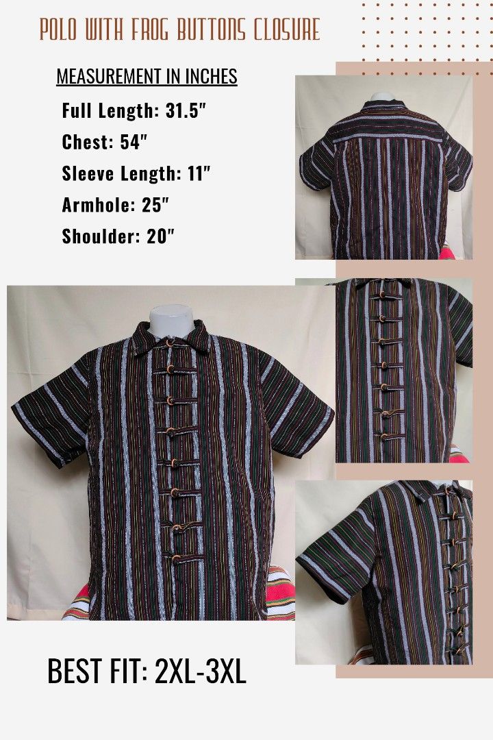 Chinese Button Polo (Category: Tshirts & Polo Shirts ) located in Tabuk. Submitted by BiDing (Listing ID 1426789024, Image 1). Description: ✨Ethnic Loom-Woven Polo ✨ 🌼Beautiful loom-weave fabric with a unique ethnic pattern. Comfortable, breathable, and perfect for everyday wear or styled outfits. ✅ Good condition brand new 📏 Size: Best fit to 2XL-3XL (Kindly check the detailed measurement on the photo) 💰 5500 🔸Payment Methods:Gcash, Paymaya 