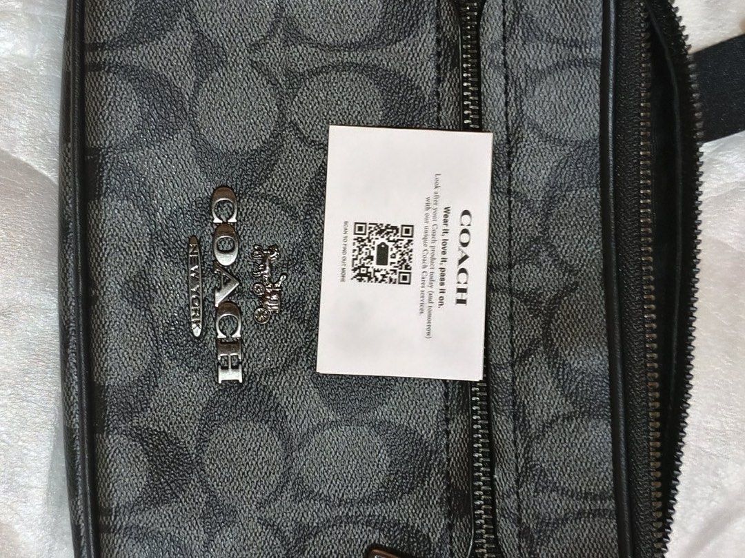 Coach Elias Belt Bag Sig (Category: Belt bags, Clutches and Pouches) located in Muntinlupa City. Submitted by gepdeg (Listing ID 1426671503, Image 3). Description: Coach Elias belt bag features a signature pattern and includes a detachable coin purse. The bag has a zip closure and an adjustable strap with a buckle. The bag has a tag with the model number CJ506 and the color is QB/Charcoal. The comparable value is $350 USD and $430 CAD..