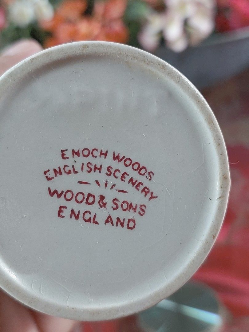 Enoch Woods English Scenery Ceramic Set (Category: Coffee & Tea Tableware) located in Bulacan. Submitted by hnbfinds (Listing ID 1426592155, Image 2). Description: This vintage cream pitcher and bowl set is identified as part of the "English Scenery" pattern by Wood & Sons, featuring a distinct red transferware landscape design. Manufacturer: Wood & Sons Ltd (Stoke-on-Trent, England). Pattern: English Scenery (Red/Pink). Item Type: Creamer pitche