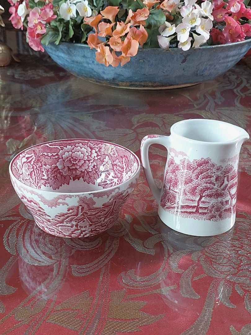 Enoch Woods English Scenery Ceramic Set (Category: Coffee & Tea Tableware) located in Bulacan. Submitted by hnbfinds (Listing ID 1426592155, Image 1). Description: This vintage cream pitcher and bowl set is identified as part of the "English Scenery" pattern by Wood & Sons, featuring a distinct red transferware landscape design. Manufacturer: Wood & Sons Ltd (Stoke-on-Trent, England). Pattern: English Scenery (Red/Pink). Item Type: Creamer pitche