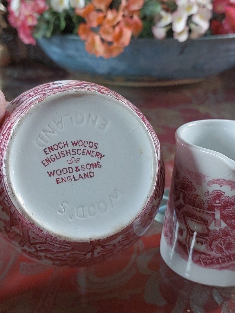 Enoch Woods English Scenery Ceramic Set (Category: Coffee & Tea Tableware) located in Bulacan. Submitted by hnbfinds (Listing ID 1426592155, Image 3). Description: This vintage cream pitcher and bowl set is identified as part of the "English Scenery" pattern by Wood & Sons, featuring a distinct red transferware landscape design. Manufacturer: Wood & Sons Ltd (Stoke-on-Trent, England). Pattern: English Scenery (Red/Pink). Item Type: Creamer pitche