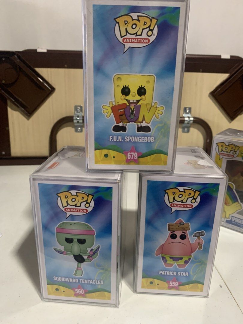 Funko Pop! Animation Spongebob Squarepants amazon exclusive FUN SET Figures (Category: Designer & Blind Box Toys) located in Manila. Submitted by robertzombie (Listing ID 1426639359, Image 2). Description: - Funko Pop! Animation Spongebob Squarepants set. - Includes F.U.N. Spongebob (Amazon exclusive), Squidward Tentacles, and Patrick Star. - Collectible figurines. - All figures are in their original boxes. - Perfect for Spongebob fans and Funko 