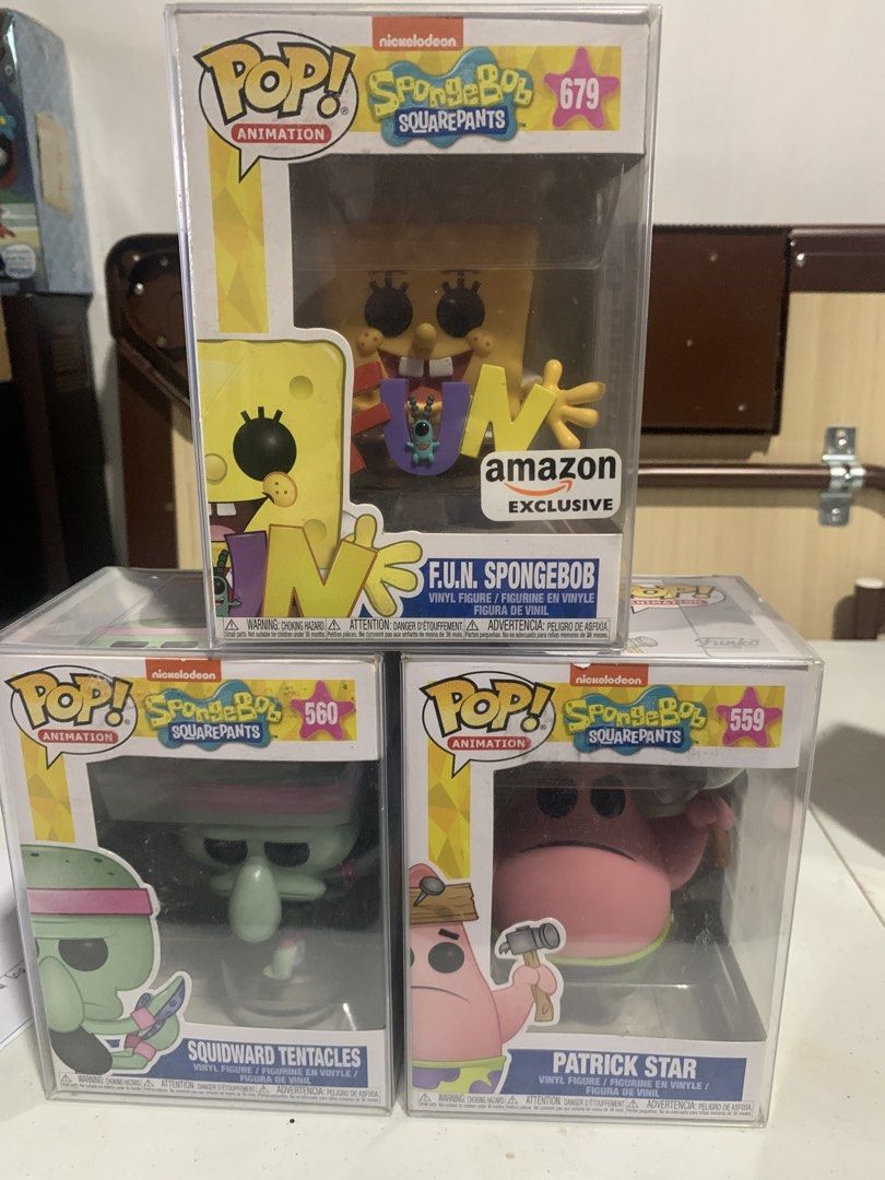 Funko Pop! Animation Spongebob Squarepants amazon exclusive FUN SET Figures (Category: Designer & Blind Box Toys) located in Manila. Submitted by robertzombie (Listing ID 1426639359, Image 1). Description: - Funko Pop! Animation Spongebob Squarepants set. - Includes F.U.N. Spongebob (Amazon exclusive), Squidward Tentacles, and Patrick Star. - Collectible figurines. - All figures are in their original boxes. - Perfect for Spongebob fans and Funko 