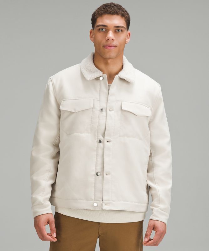 Lululemon Sueded Utility Jacket square small (Category: Activewear) located in Iba. Submitted by xooperfindslb (Listing ID 1426713722, Image 1). Description: Lululemon Sueded Utility Jacket Natural Ivory Square tag small Super bago no sign of use fresh na fresh. No issue Original price 13,500+ Very mura na. Parang bumili ka din ng bago W-22” L-25” .