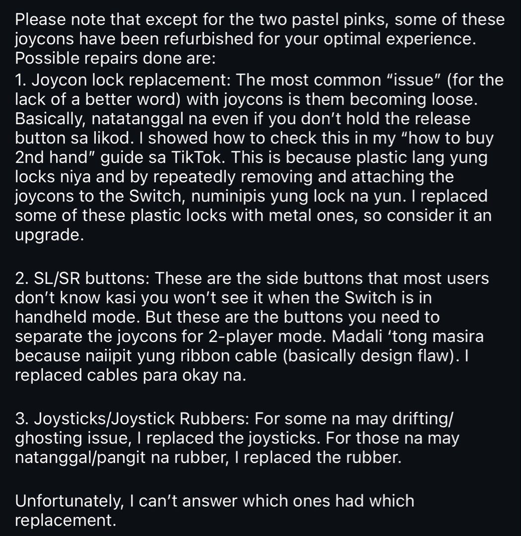 Nintendo Switch Joy-Cons Joycons Controllers OLED V1 V2 Lite 2 (Category: Controllers) located in Quezon City. Submitted by consoleciety (Listing ID 1426737823, Image 2). Description: Hi, guys. Selling Joy-Cons for Switch 1! —works with V1, V2, & OLED both handheld & wireless —wireless only on Switch Lite & Switch 2 Sequence: Left to right, top to bottom 1. Skyward Sword (reshelled) — ₱2,300 2. Neon Green & Neon Pink — ₱1,900 —pink has a very sma