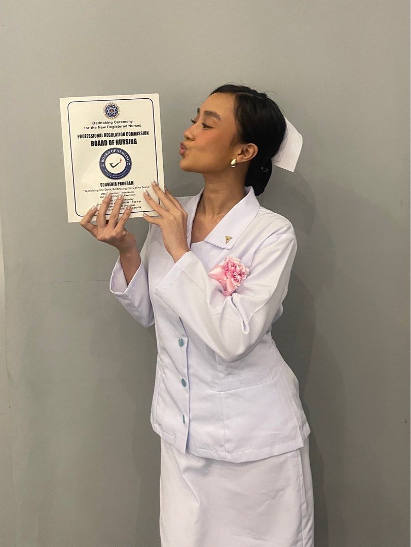 Nursing Oathtaking Gala Uniform Set (Category: Dresses) located in Quezon City. Submitted by ailiaveu (Listing ID 1426686343, Image 2). Description: 🤍 +100 for nursing cap and stockings 🤍 Fits S-M , Knee-length 🤍 Location: Dasmariñas, Cavite.