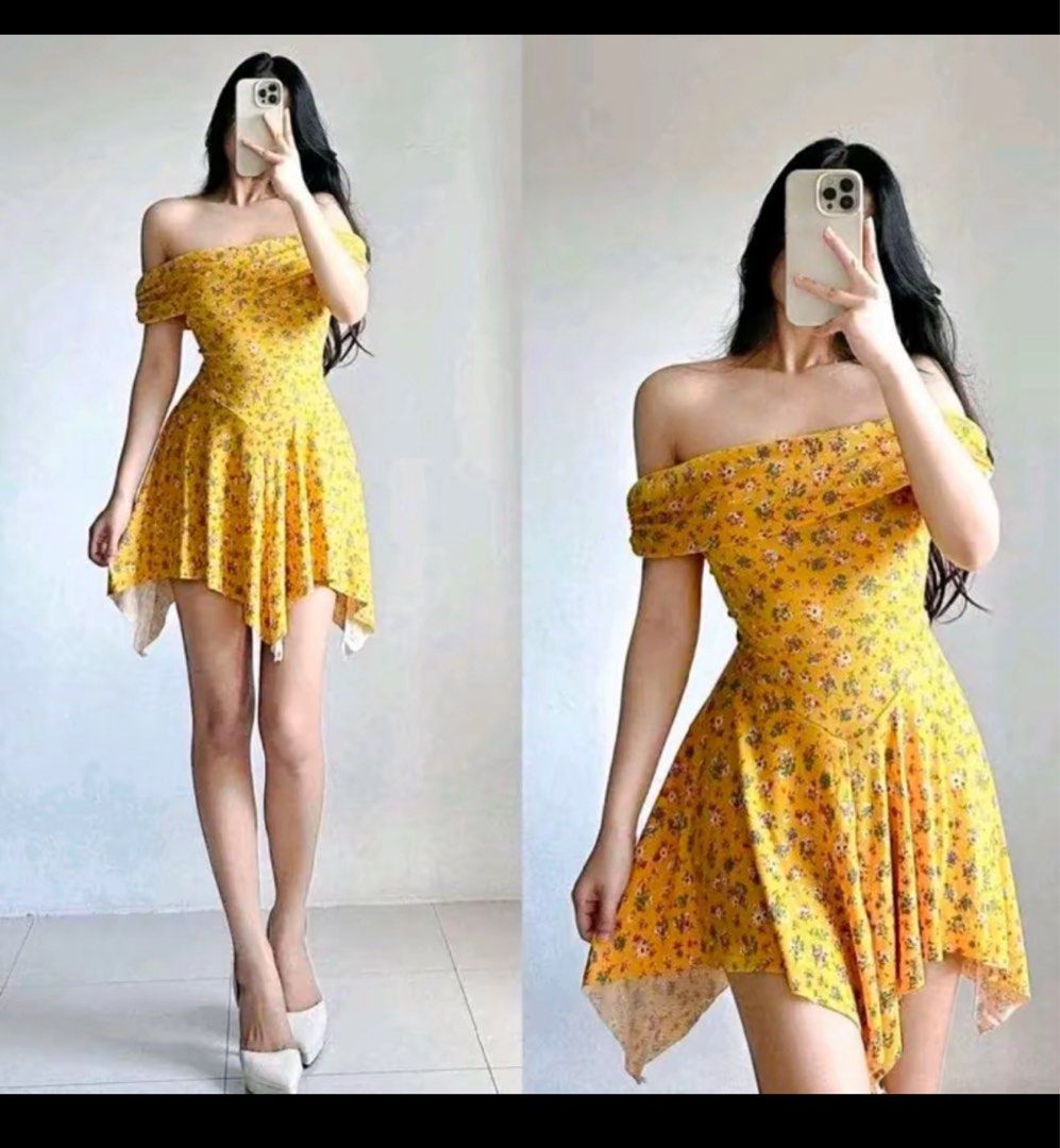 Offshoulder Mini Dress - Floral Yellow (Category: Dresses) located in Quezon City. Submitted by ladyclutter (Listing ID 1426682971, Image 2). Description: Size:L Bust 36-38 Never Been Used RFS: Decluttering.