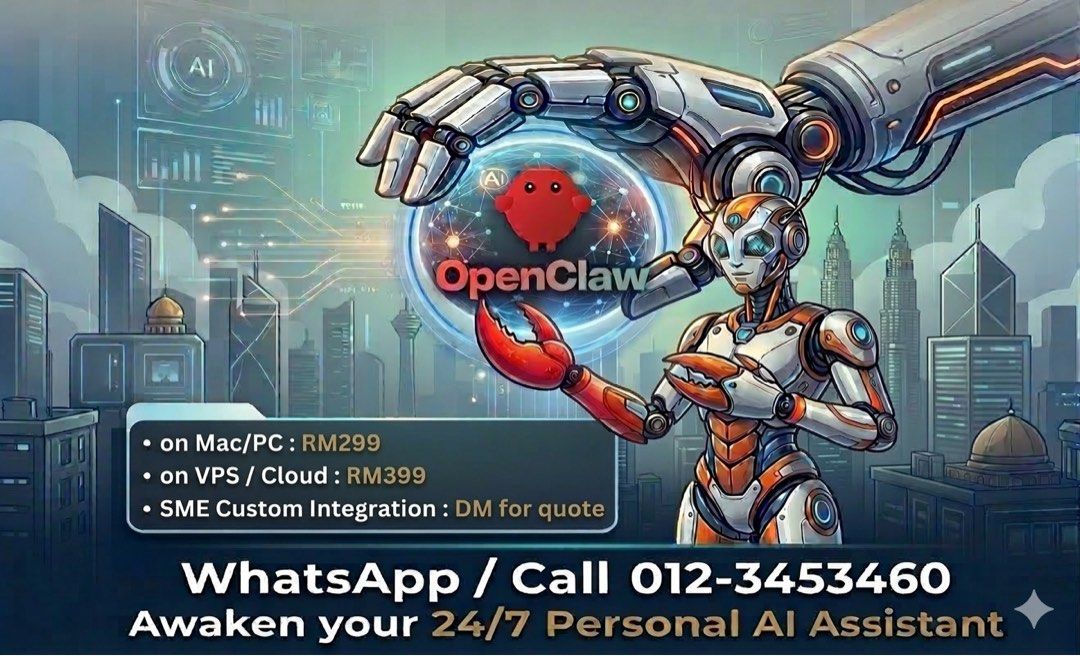 Openclaw Installation + Security Setup (Category: Office & Business Technology) located in Kuala Lumpur. Submitted by dmtay79 (Listing ID 1426596428, Image 1). Description: Openclaw Remote Installation, includes : 1. Openclaw Installation 2. Dashboard Setting (Unsecured) 3. Setting Fallback Model 4. Install / Setup Private VPN 5. Dashboard Setting(Secured) 6. Openclaw Rights Setting 7. Clawhub Setting 8. Clawhub Skill Security Guide 9. Sub-Agent 