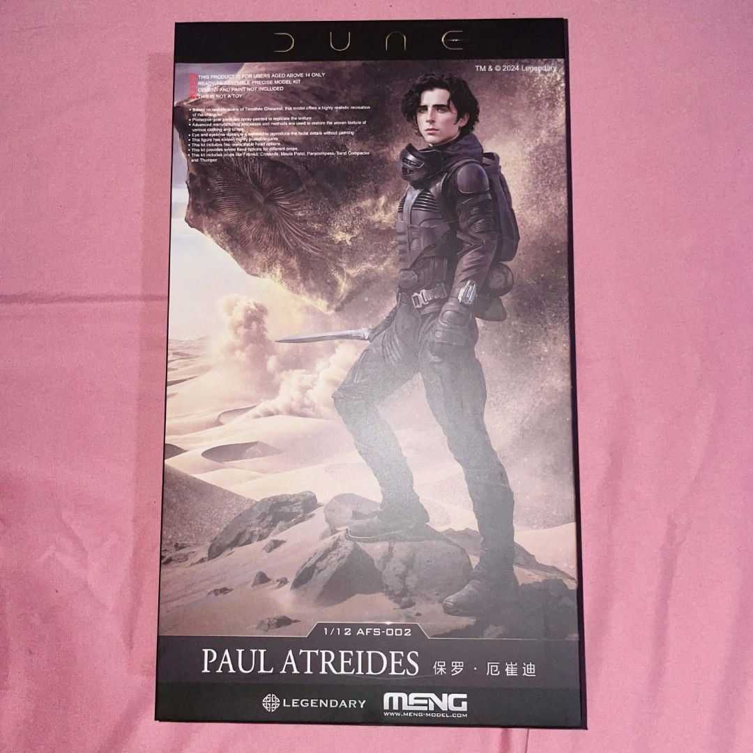 Paul Atreides Timothee Chalamet Dune 1/12 Model Kit (Category: Figurines & Statues) located in Talisay. Submitted by spooderboy (Listing ID 1426679144, Image 1). Description: The Meng 1/12 Paul Atreides model kit allows builders to recreate the iconic character Paul Atreides from the epic science fiction film Dune. This highly detailed figure is a perfect tribute to the protagonist, showcasing his intricate costume and accessories as seen in the 