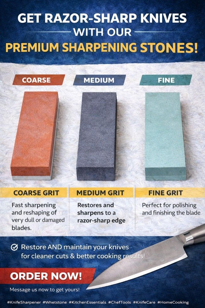 Premium Sharpening Stone Set (Category: Other Kitchenware & Tableware) located in Binan City. Submitted by sakuratreasuresph (Listing ID 1426705009, Image 1). Description: ✨ Premium Knife Sharpening Stones ✨ Upgrade your kitchen game with these high-quality knife sharpening stones – perfect for restoring dull blades back to razor-sharp precision! Whether you're a home cook or a professional chef, these whetstones help maintain your knives for eff