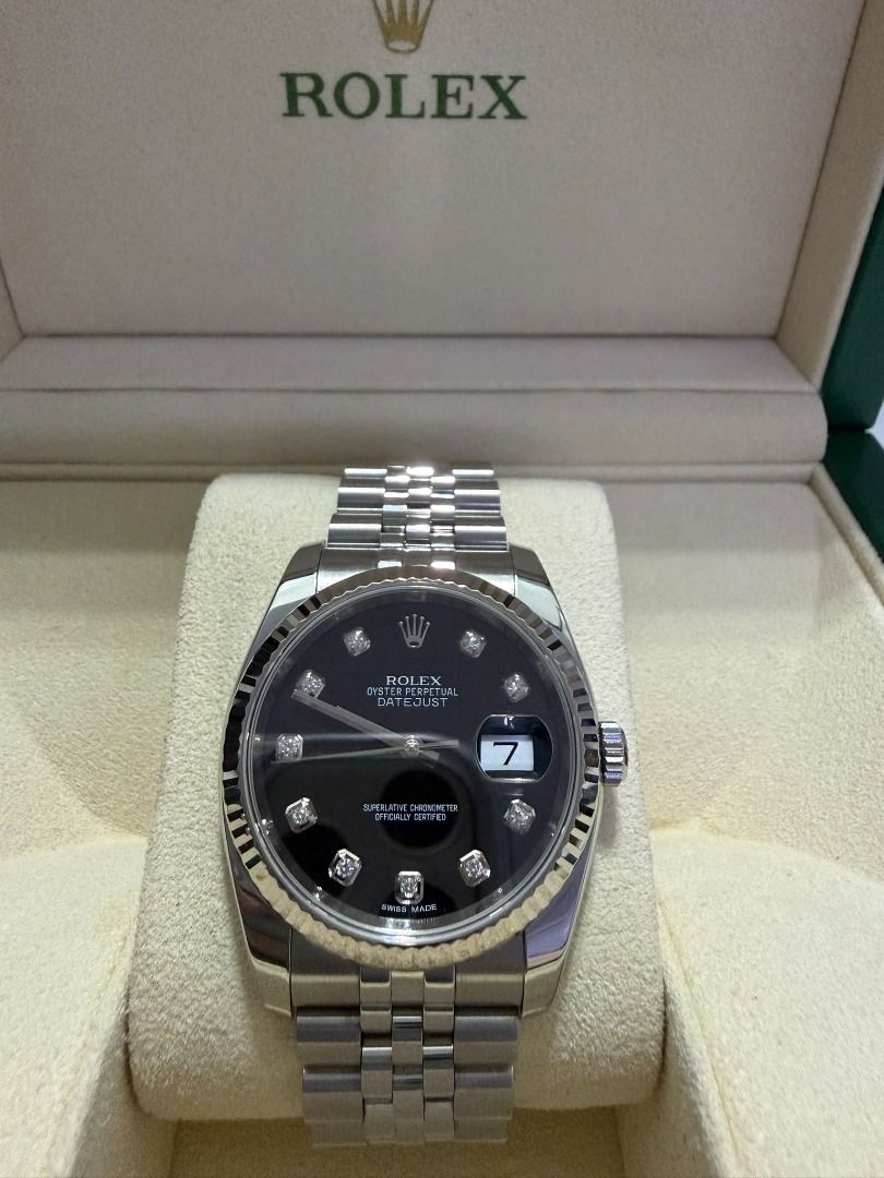 Rolex Datejust Black Diamond Dial Jubilee (Category: Luxury Watches) located in Quezon City. Submitted by rhyswatchmnl (Listing ID 1426670796, Image 1). Description: 36mm 116234 Year 2014 Full Set Condition 9.8/10 San Juan City/New Manila QC.