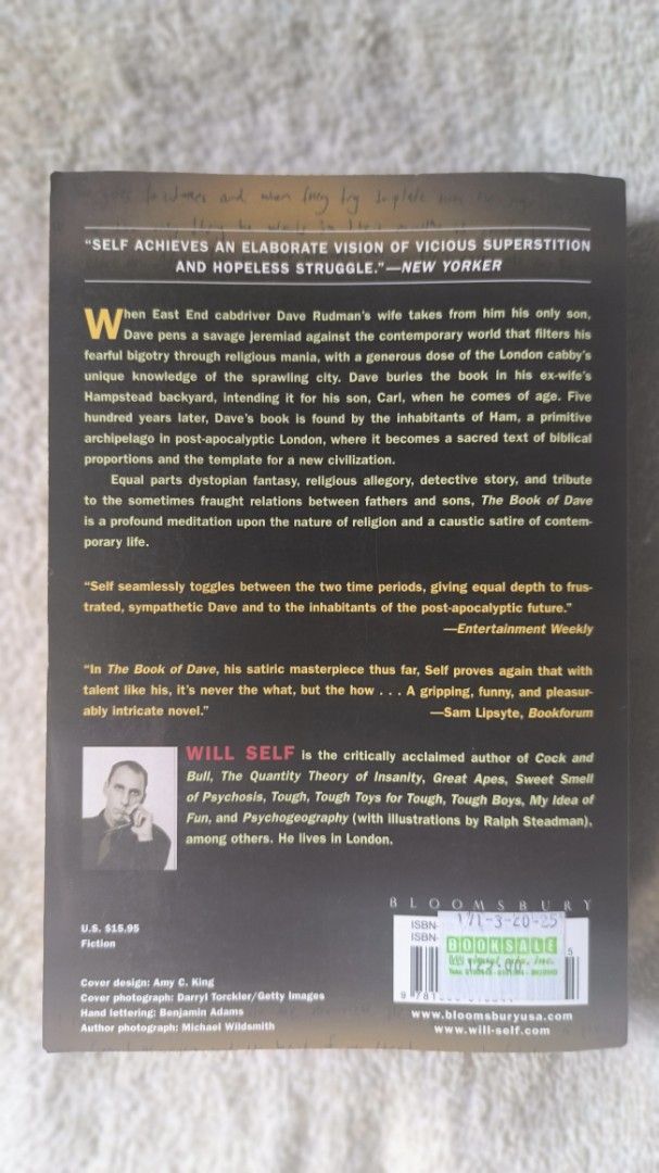 The Book of Dave by Will Self (Category: Storybooks) located in Cavite. Submitted by jeff_jonas (Listing ID 1426589094, Image 2). Description: Flaws: - Grey marks on page edge MOP: GCASH MOD: J&T (to be shouldered by the buyer).