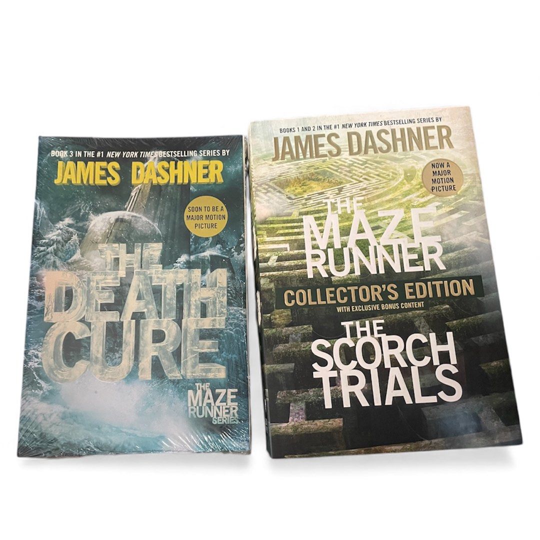 The Maze Runner Series Books 1 & 3 (Category: Storybooks) located in Quezon City. Submitted by Decluttererqc (Listing ID 1426615021, Image 1). Description: Listing includes two books from The Maze Runner series by James Dashner: The Maze Runner: Collector's Edition (Books 1 & 2) and The Death Cure (Book 3). Both books are in English. The Death Cure is still sealed in its original packaging. The Maze Runner: Collector's Edition includes bonus cont