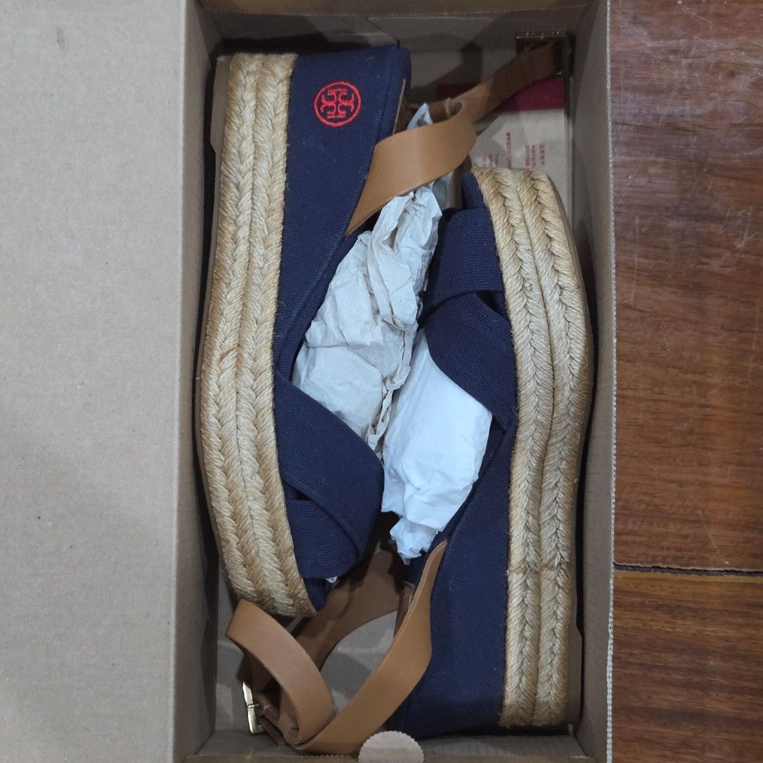 Tory Burch | Thea Espadrille Wedge (Blue/Tan) (Category: Wedges) located in Quezon City. Submitted by m3262 (Listing ID 1426725254, Image 1). Description: • Size: US 7.5 • Heel height: 3" • Platform height: 1" • Never used • Guaranteed authentic • Actual photos are shown (except last photo) • Original box not included.