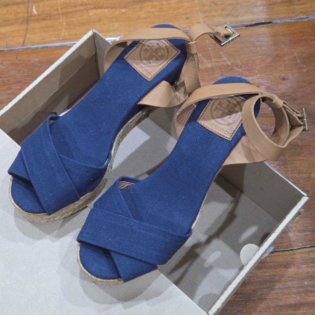 Tory Burch | Thea Espadrille Wedge (Blue/Tan) (Category: Wedges) located in Quezon City. Submitted by m3262 (Listing ID 1426725254, Image 2). Description: • Size: US 7.5 • Heel height: 3" • Platform height: 1" • Never used • Guaranteed authentic • Actual photos are shown (except last photo) • Original box not included.
