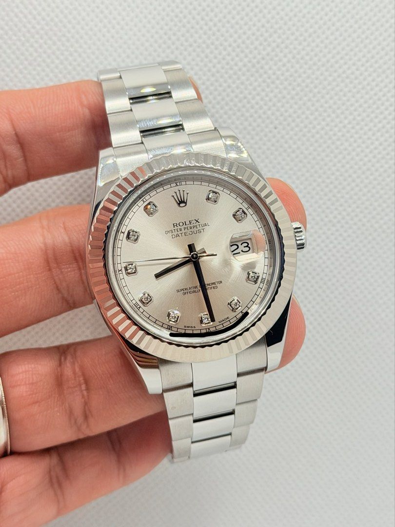 [WATCH ONLY] Pre Owned Rolex 116334 Datejust 41 Silver 10 Points Diamonds Oyster Bracelet (Category: Watches) located in Singapore. Submitted by worthytime (Listing ID 1426786355, Image 1). Description: 🫵Join my Tele-gram channel for latest updates: http://worthytime.biz/tele ➡️Rolex 116334 Datejust 41 Silver 10 Points Diamonds Oyster Bracelet ➡️Very Mint Condition (1 Year In-House Warranty) ➡️Watch Only (Links As Per Pictures Listed) ✅Trade Up/