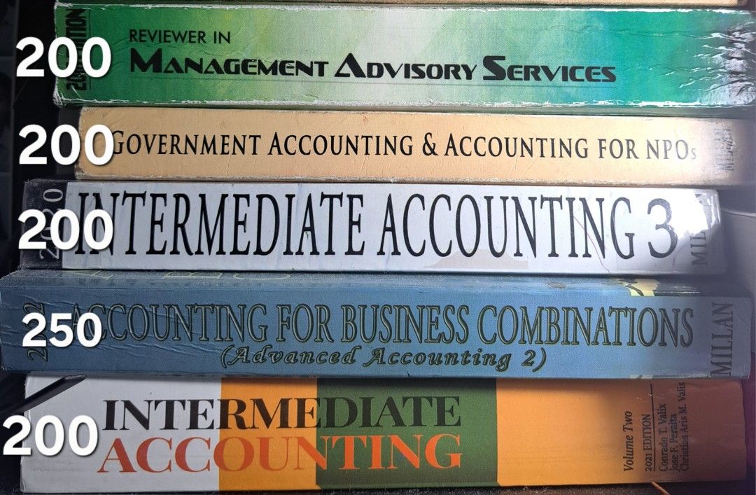 Accounting Books (Category: Textbooks) located in Bacoor. Submitted by _bernagervacio (Listing ID 1426869472, Image 1). Description: will give discount for more than 1 item purchase 1 item for 200 pesos 2 items for 350 pesos 3 items for 500 pesos some has highlights and pencil marks.