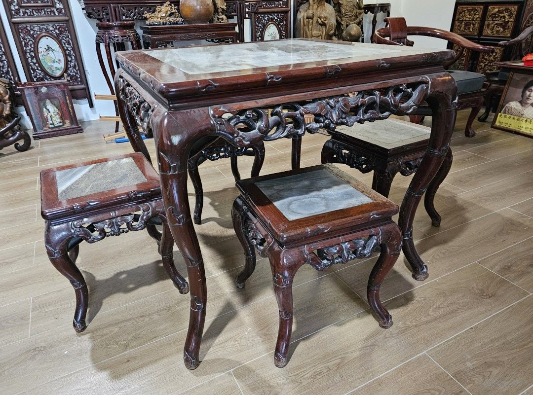 Authentic Vintage Chinese Square Marble Top 4 Stools Tea Table Set (Category: Tables & Sets) located in Quezon City. Submitted by charliebrown_olx (Listing ID 1426817085, Image 2). Description: 31 inch x 31 inch ▪︎ Set is with our family for more than 30 years. • Sold As Is Where Is • Can be inspected at Obudan St Brgy Manresa QC • Sorry but no delivery, pickup only. Thanks for looking!.