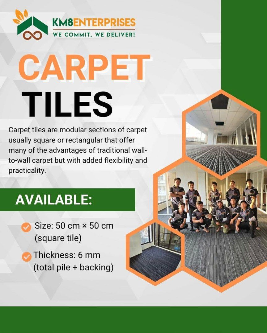 CARPET TILE FLOORING SUPPLY AND INSTALLATION SERVICE (Category: Construction & Building Materials) located in Marikina City. Submitted by christine_km8enterprises (Listing ID 1426909045, Image 1). Description: - Sound insulation: reduces noise transmission and absorbs sound within the room - Soft lighting: reflects gentle light, creating a subtle glow - Warmth and comfort: perfect for various settings *Ideal for:* - Music rooms - Conference rooms