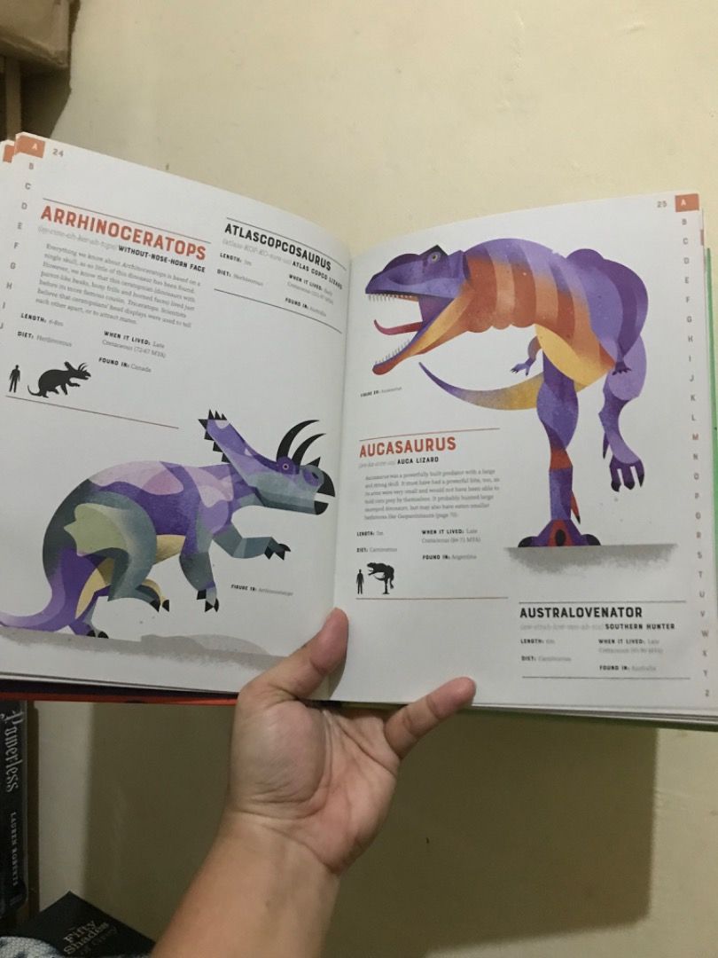 Dictionary of Dinosaurs Book (Category: Children's Books) located in Dumarao. Submitted by mellowbabe23 (Listing ID 1426897530, Image 3). Description: Book is a dictionary of dinosaurs, featuring an illustrated A to Z of every dinosaur ever discovered. It contains over 300 dinosaurs. The book has a green cover with various dinosaur illustrations. It has a price tag of £7, with offers for multiple purchases..