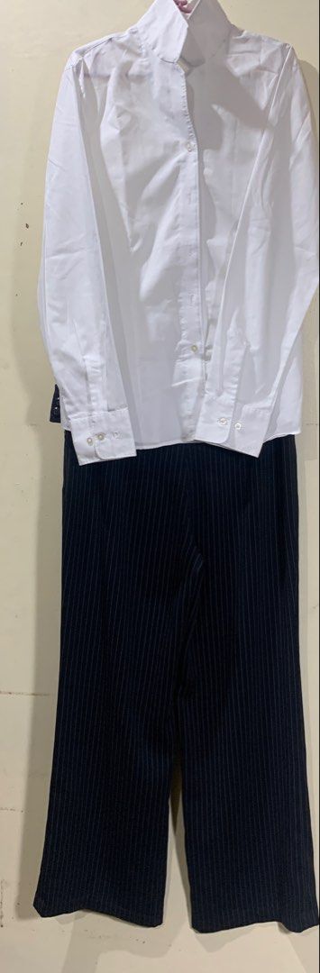 Front desk uniform/Security personnel Womens (Category: Sets or Coordinates) located in Mandaue City. Submitted by maxguiller89260 (Listing ID 1426913565, Image 1). Description: Top: Blouse x2 Size 40 Olymp Striped bottom: Mastina 38 striped pants L. 35”/90cm Leg width 9.5”/24cm In seam 26”/66cm Rise 8.5”/21cm Waist 30-31.5”/77-79cm EU 38 Leg width 9.5”/24cm Side zip/3 button fastener Fabric from Japan Germany/Single Owner/used Uniform used for f