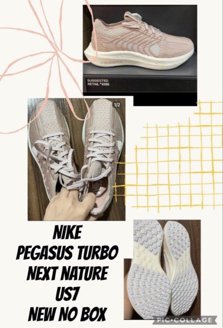Nike Pegasus Turbo Next Nature US7 (Category: Sneakers) located in Batangas. Submitted by pixie_clearance (Listing ID 1426905798, Image 1). Description: Nike Pegasus Turbo Next Nature sneakers in US size 7. The shoes are a light pink color. The soles are white with a textured pattern. The shoes do not come with a box..