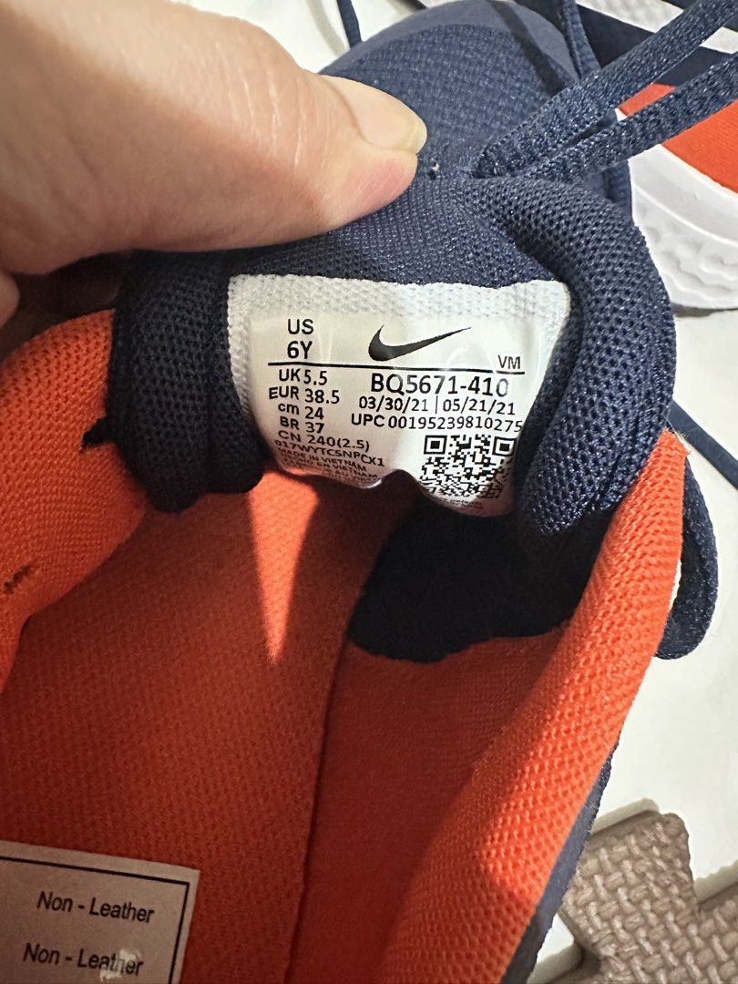 Nike Revolution 5 Navy Blue Orange (Category: Sneakers) located in Paranaque City. Submitted by leannebont35668 (Listing ID 1426883794, Image 3). Description: No box Size 6y.