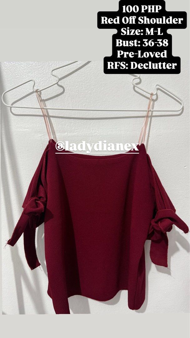 Red Off Shoulder Top (Category: Blouses) located in Quezon City. Submitted by ladyclutter (Listing ID 1426922729, Image 2). Description: 100 PHP Red Of Shoulder Size: M-L Bust: 36-38 Pre-Loved RFS: Declutter.