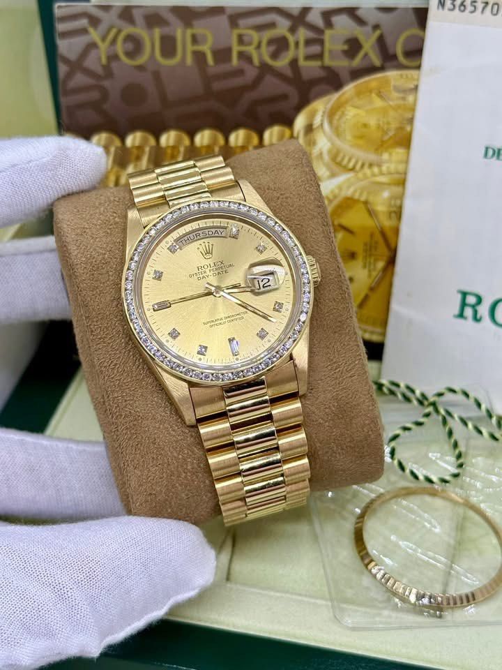 Rolex Day-Date Gold Diamond Watch (Category: Luxury Watches) located in Cabanatuan. Submitted by albertgonzales27 (Listing ID 1426956500, Image 2). Description: Gold isnt just a color, its a Value 📈✨ Day Date Presidential Diamonds Reference 18238 (Double quick set adjustment) 1991 year model, N series 36mm case size 18ct Full solid gold 18ct upgraded diamond bezel w/ original 18ct fluted bezel included 9.3/10 super pristine condition Box and pap
