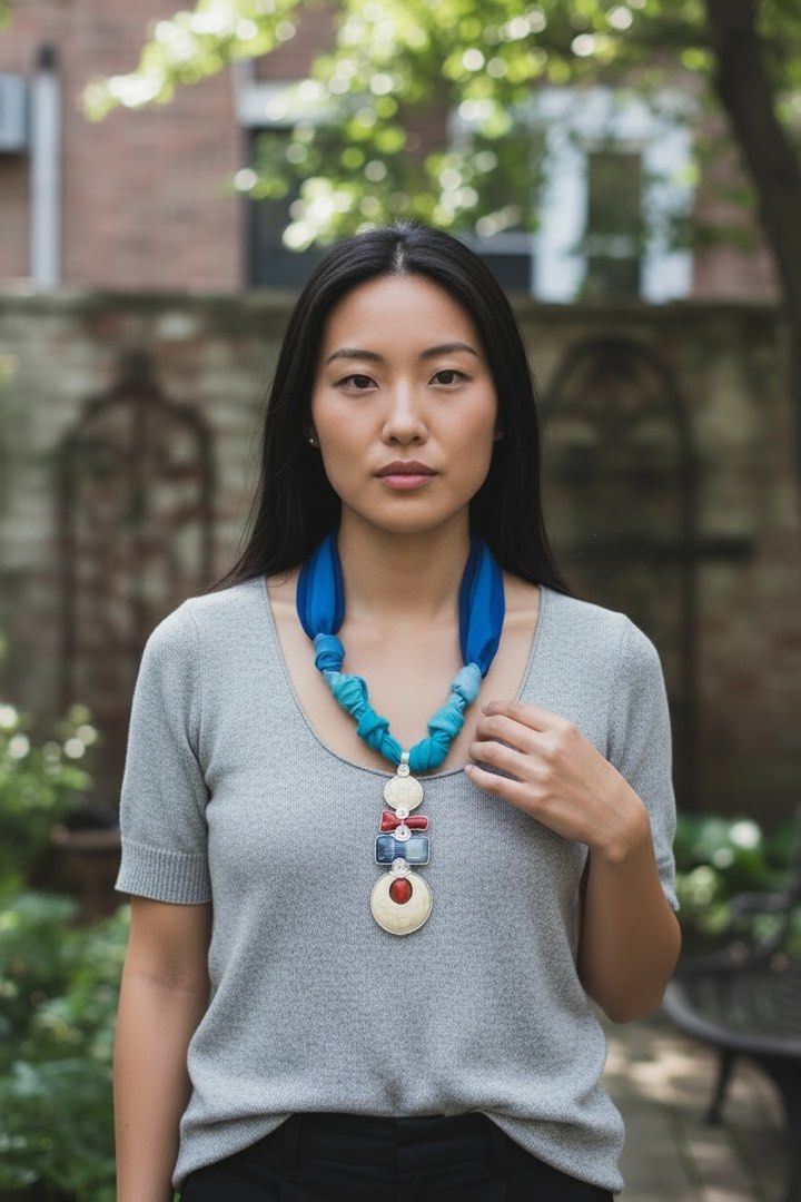 Semi-precious stones wired statement necklace with matching cuff (Category: Necklaces) located in Quezon City. Submitted by secondcharm96 (Listing ID 1425918405, Image 2). Description: ✨ Features: • Red and white turquoise and blue agate with intricate wire wrapping • Matching statement cuff included • Designed with adjustable ribbon for a stylish and artistic look • Never worn, excellent and like new condition • One-of-a-kind handmade design Per