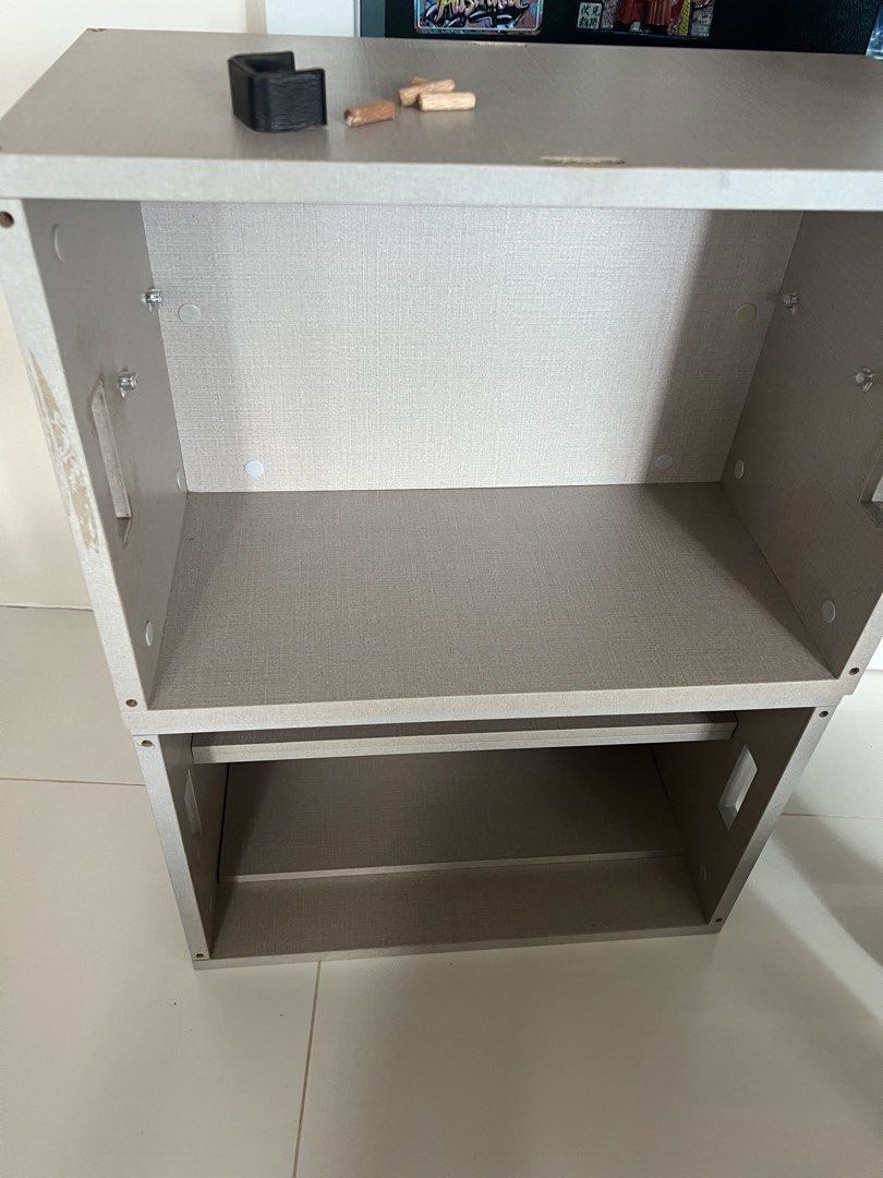 Stackable solid wood shelves (Category: Shelves, Cabinets & Racks) located in Singapore. Submitted by jenn16 (Listing ID 1426849366, Image 1). Description: Stackable cabinets. Solid wood. 2 for $50 or separately for $30 each. Approx 54.5cm x 27.5cm x 37.5 cm.