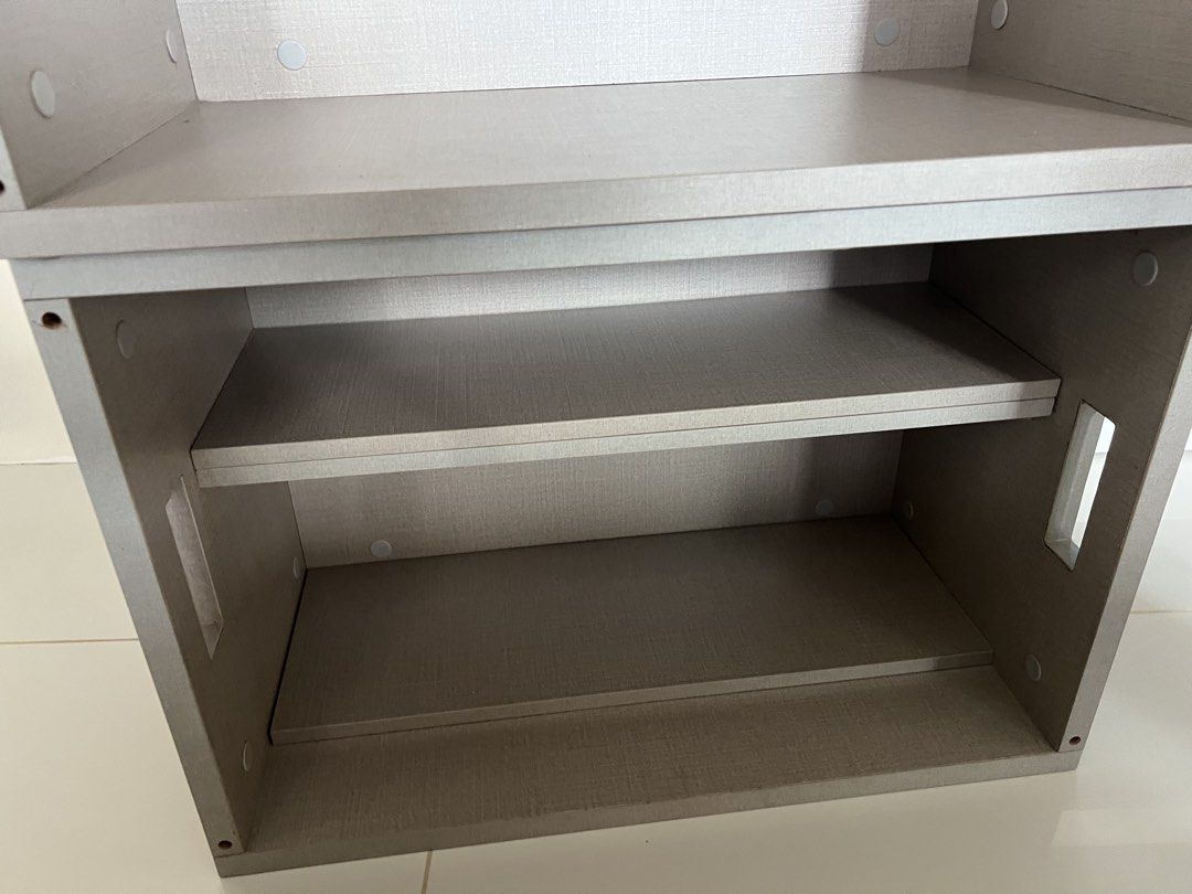 Stackable solid wood shelves (Category: Shelves, Cabinets & Racks) located in Singapore. Submitted by jenn16 (Listing ID 1426849366, Image 2). Description: Stackable cabinets. Solid wood. 2 for $50 or separately for $30 each. Approx 54.5cm x 27.5cm x 37.5 cm.
