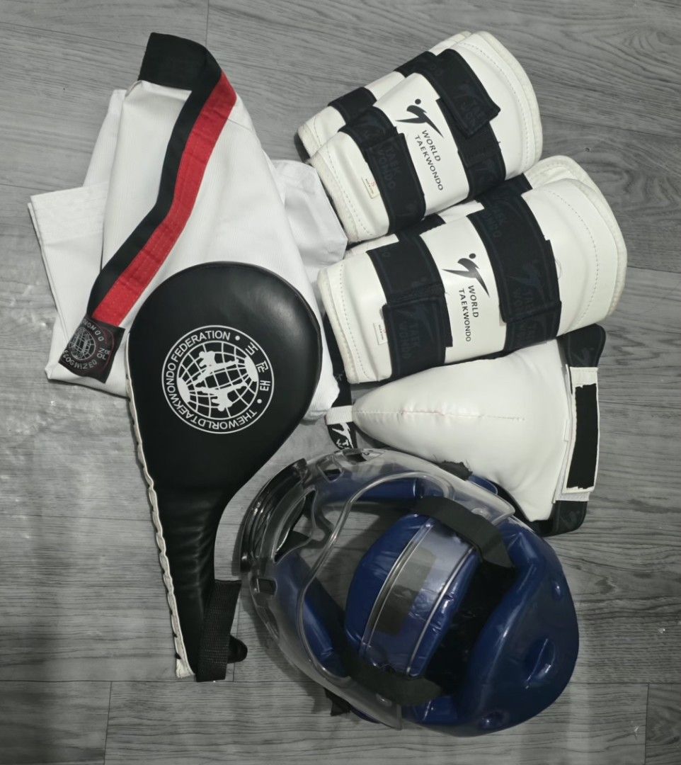 Taekwondo Training Set - Gloves, Helmet, Pads (Category: Other Sports Equipment and Supplies) located in Pasay City. Submitted by LittleLadyGab (Listing ID 1426894708, Image 1). Description: For take all only. Size: small dobok size: 120 Taguig area.