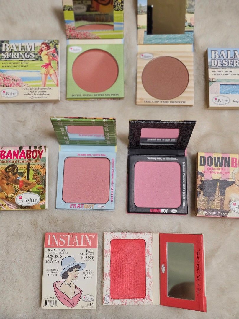 theBalm Blush Collection (Category: Makeup) located in Mandaluyong City. Submitted by heartallthingspretty (Listing ID 1426912786, Image 1). Description: 350php each shades: Balm Springs Balm Desert Frat Boy Down Boy Instain Collection of theBalm blushes in various shades. Includes shades like Balm Desert, Down Boy, Frat Boy, Instain, and others. Each blush comes in its original packaging with a mirror..