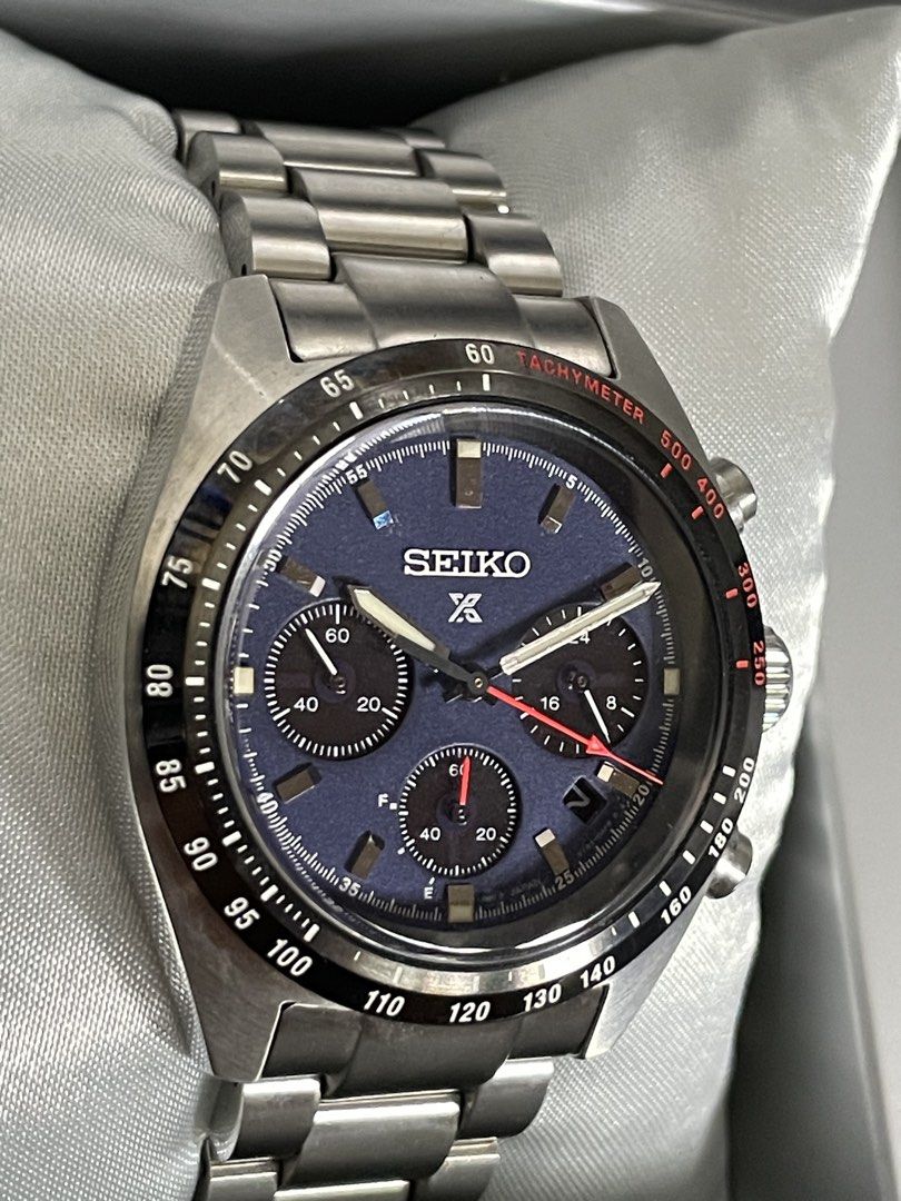 Used Seiko Speedtimer Blue Dial SSC815 Solar Chronograph Watch (Category: Luxury Watches) located in Mandaluyong City. Submitted by emes9 (Listing ID 1426837471, Image 2). Description: Used Seiko Speedtimer Blue Dial SSC815 Solar Chronograph Watch. Seiko Speedtimer chronograph watch with a blue dial and stainless steel bracelet. Features a tachymeter bezel and three sub-dials. The watch has a date display at the 3 o'clock position. The watch is p