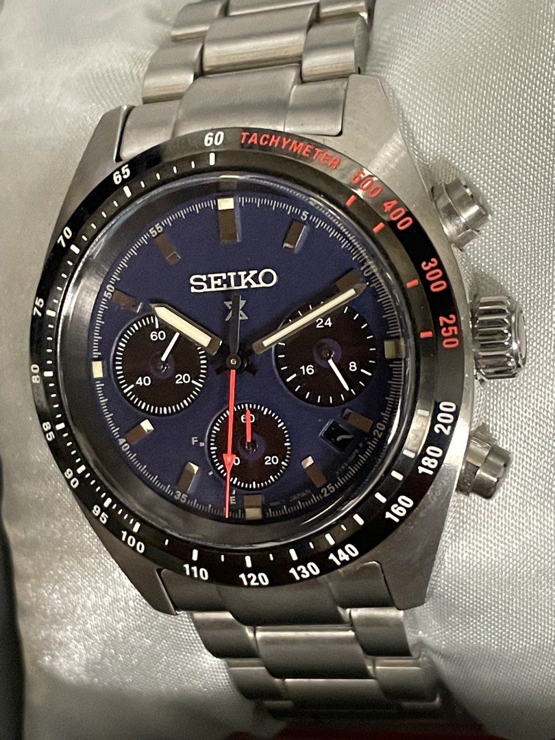 Used Seiko Speedtimer Blue Dial SSC815 Solar Chronograph Watch (Category: Luxury Watches) located in Mandaluyong City. Submitted by emes9 (Listing ID 1426837471, Image 3). Description: Used Seiko Speedtimer Blue Dial SSC815 Solar Chronograph Watch. Seiko Speedtimer chronograph watch with a blue dial and stainless steel bracelet. Features a tachymeter bezel and three sub-dials. The watch has a date display at the 3 o'clock position. The watch is p