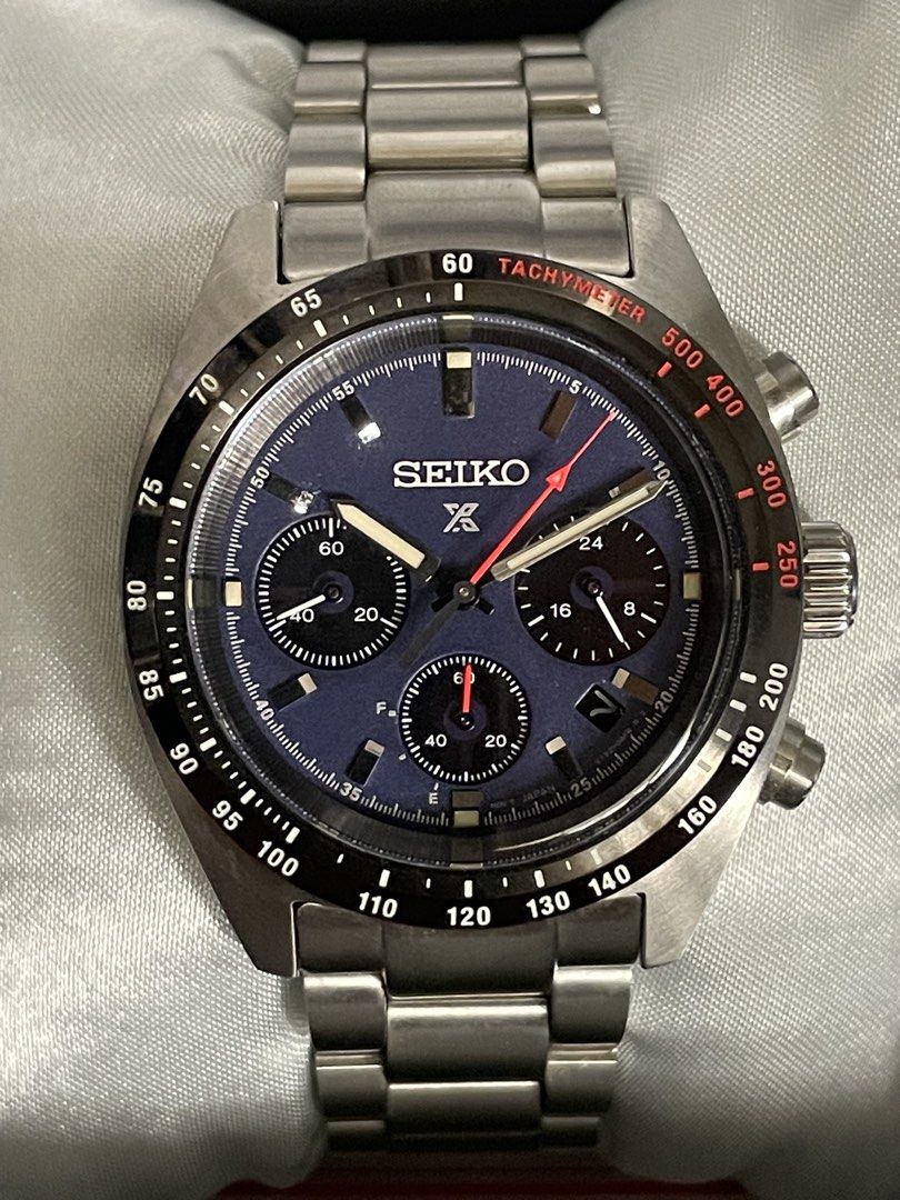 Used Seiko Speedtimer Blue Dial SSC815 Solar Chronograph Watch (Category: Luxury Watches) located in Mandaluyong City. Submitted by emes9 (Listing ID 1426837471, Image 1). Description: Used Seiko Speedtimer Blue Dial SSC815 Solar Chronograph Watch. Seiko Speedtimer chronograph watch with a blue dial and stainless steel bracelet. Features a tachymeter bezel and three sub-dials. The watch has a date display at the 3 o'clock position. The watch is p