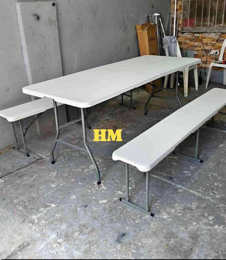 White Folding Bench Table (Category: Tables & Sets) located in Manila. Submitted by haideshop (Listing ID 1426877127, Image 2). Description: White folding bench table is perfect for events or extra seating. It folds for easy storage and transport. The table has a sturdy metal frame and a durable plastic top. It can be used indoors or outdoors. The table is long and can accommodate multiple people..