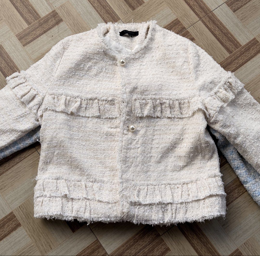 White Vietnam Tweed Ruffle Blazer (Category: Coats, Jackets and Outerwear) located in Manila. Submitted by docluttering (Listing ID 1426900441, Image 2). Description: Vietnam sizes Measurements posted .