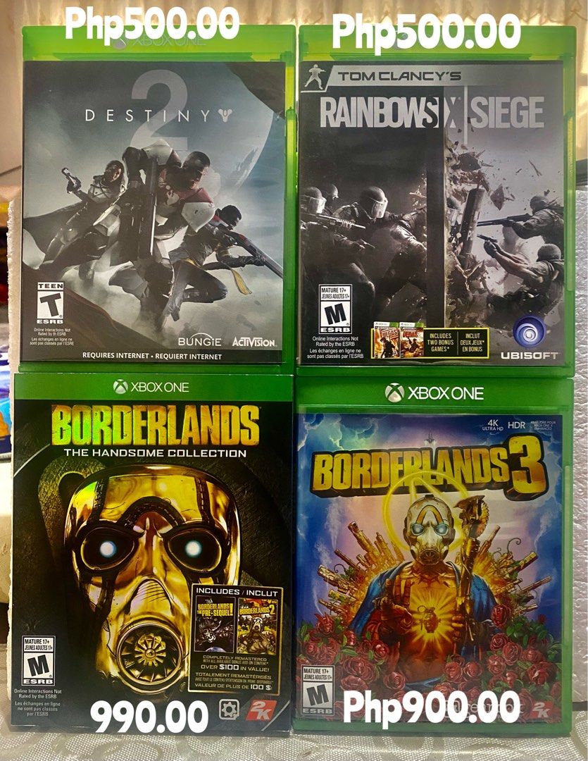 Xbox One Sale! (Category: Xbox) located in Angeles City. Submitted by lensongsong (Listing ID 1426865251, Image 1). Description: Xbox One Sale! 1. Destiny 2 - Php500.00 2. Rainboxs X Siege - Php500.00 3. Borderlands The Handsome Collection - Php990.00 • Borderlands The Pre-Sequel! • Borderlands 2 4. Borderlands 3 - Php900.00 add shipping JRS express.