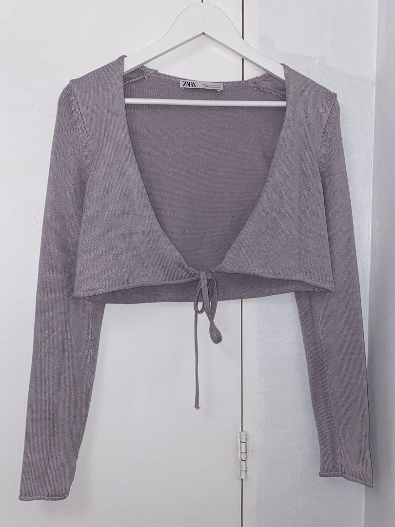 Zara Tie-Front Purple Cardigan (Category: Others Tops) located in Batangas. Submitted by ilovedean (Listing ID 1426901903, Image 1). Description: used once! vv pretty in personal i’m decluttering and i need to let go of my stuff na. just send me an offer 💌.