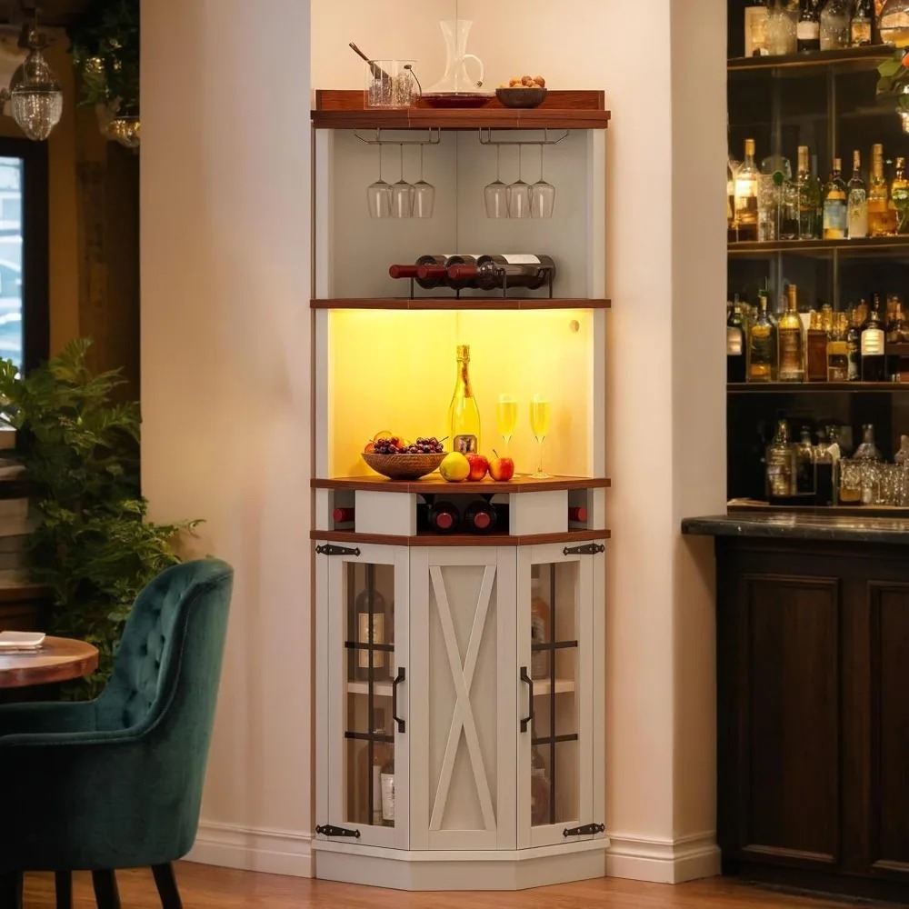72" Tall Corner Wine Bar Cabinet With Glass Door & ed Lights, Farmhouse ...