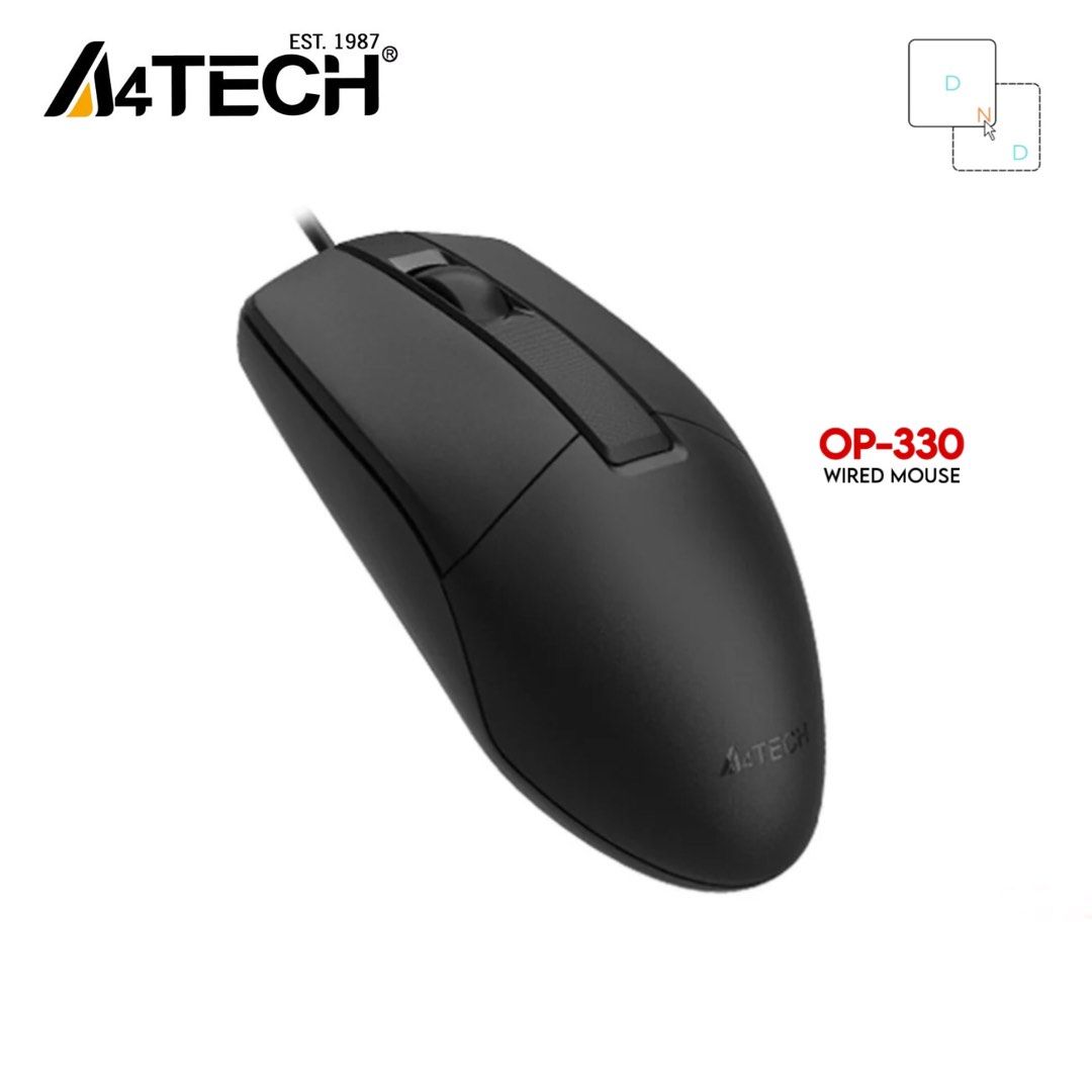A4TECH V-Track OP-330 Optical Wheel Wired Mouse USB 1200 DPI (Black) (Category: Mouse & Mousepads) located in Quezon City. Submitted by dragndropretail (Listing ID 1427015583, Image 3). Description: A4TECH OP-330 is a wired mouse with a 1200 DPI resolution. It features a 4-way wheel and silent clicks for a focused experience. The mouse has a durable button life and a wider scroll wheel for comfortable use. It also offers 8-in-one gestures for cus