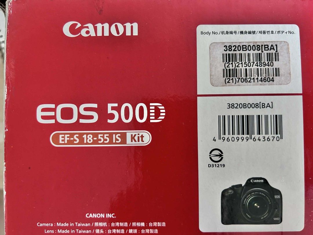Canon EOS 500D EF-S 18-55 IS Kit (Category: Cameras) located in Quezon City. Submitted by bshoppe_ (Listing ID 1426976453, Image 2). Description: Canon EOS 500D camera with EF-S 18-55 IS lens kit. Includes camera body, lens, lens cap, body cap, and camera strap. Also includes a USB cable. The box is included. Made in Taiwan. - no charger.
